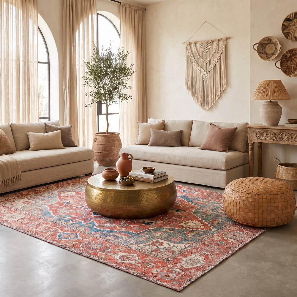 Boho Persian style area rug with classic medallion pattern for bedroom and living room