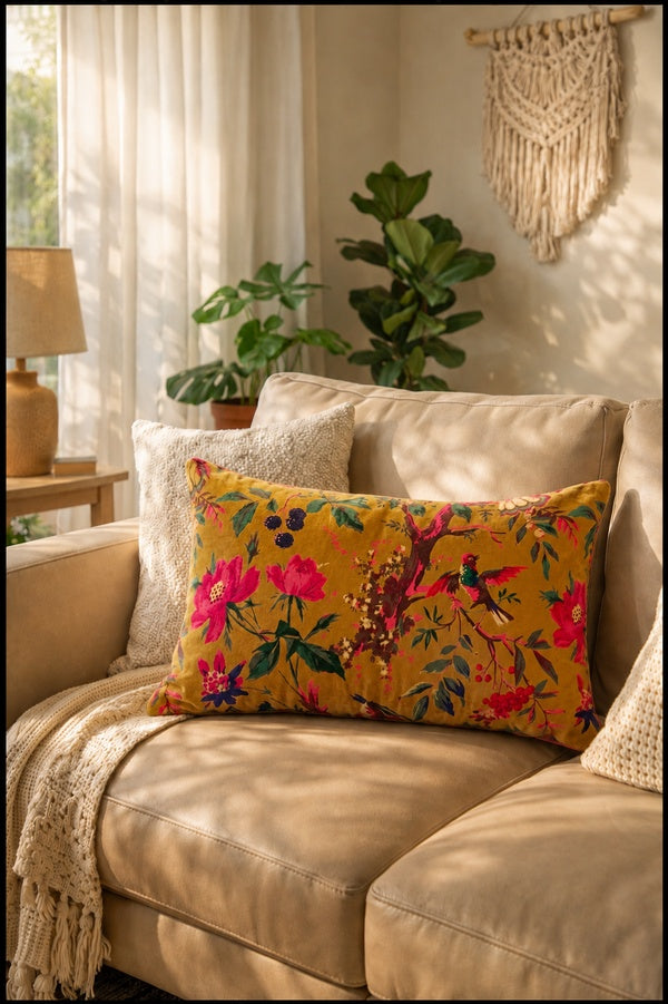 Bird Design Mustard Cotton Velvet Cushion Cover 30x50cm Rectangular Decorative Throw Pillow Cover