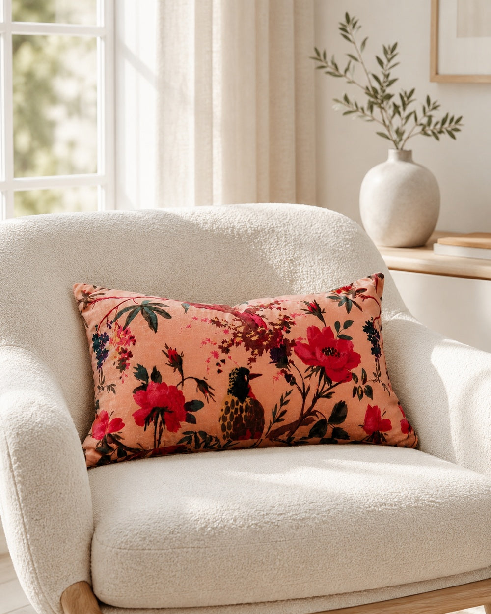 Pink Floral Bird Cotton Velvet Lumbar Cushion Cover 30x50cm Decorative Throw Pillow Cover