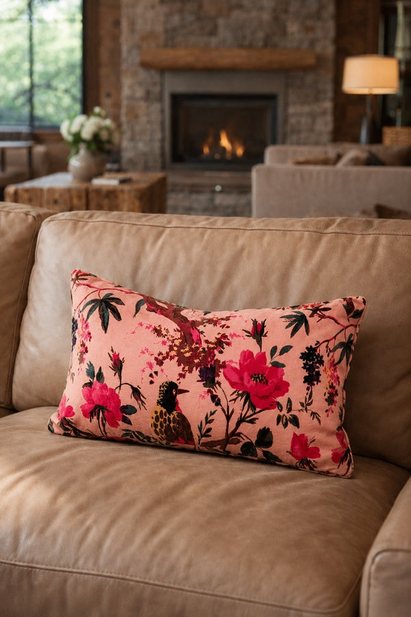 Pink Bird & Floral Cotton Velvet Cushion Cover 30x50cm for Sofa, Living Room & Bedroom