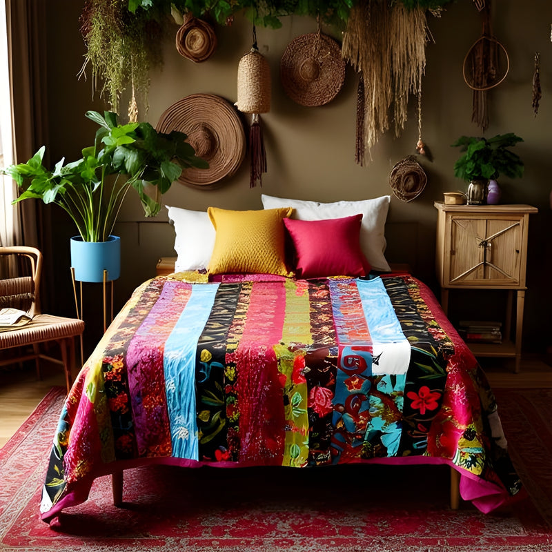 Patchwork Paradise Velvet Kantha Quilt - Unique