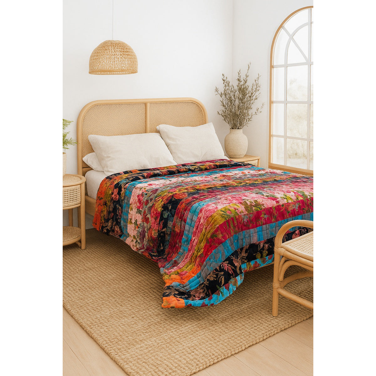 Luxury Patchwork Velvet Quilt - Upcycled Boho Bedding | Unique Handmade Design