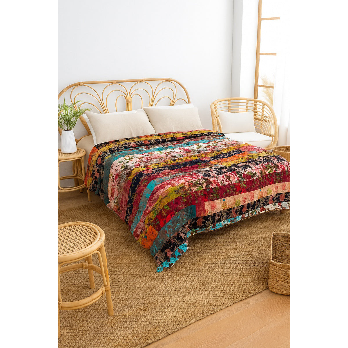 Luxury Patchwork Velvet Quilt - Upcycled Boho Bedding | Unique Handmade Design
