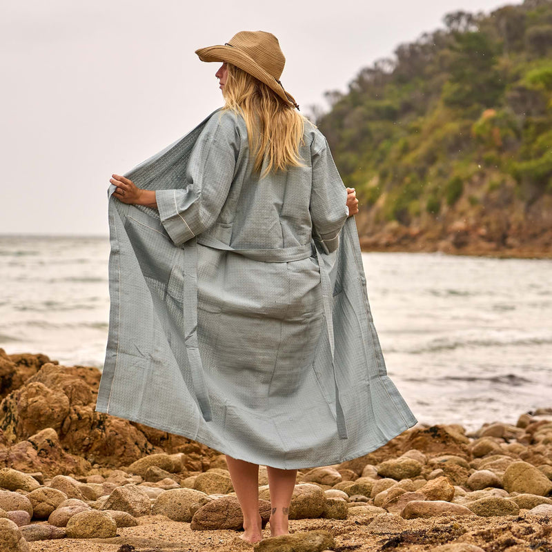 Sage Blue Cotton Kimono Robe – Inspired by Coastal Calm