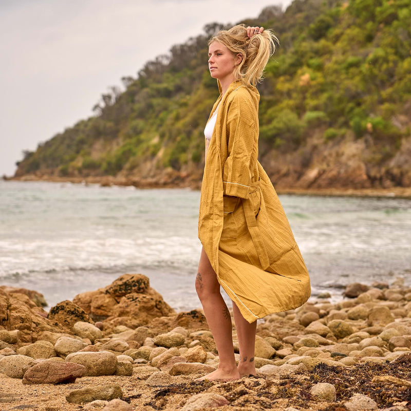 Luxe Waffle Cotton Robe in Golden Hue – Everyday Comfort Redefined