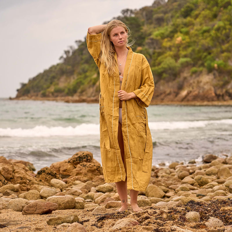 Luxe Waffle Cotton Robe in Golden Hue – Everyday Comfort Redefined