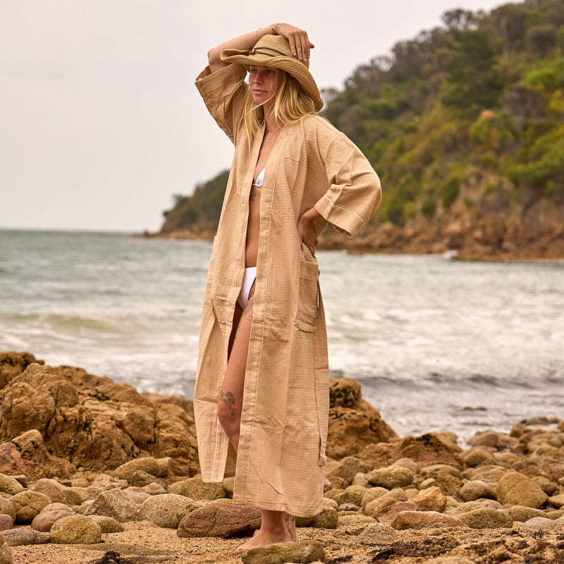 Sand Waffle Cotton Kimono Robe – Lightweight & Luxe