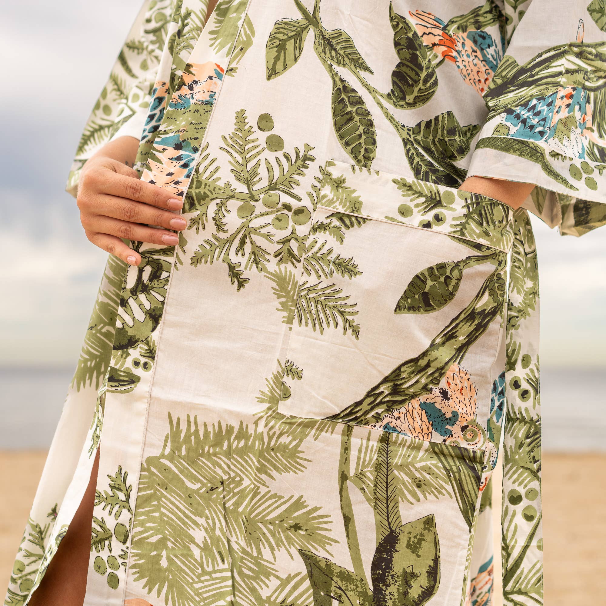 GREEN OWL' Women's Cotton Kimono Robe - Nature Inspired