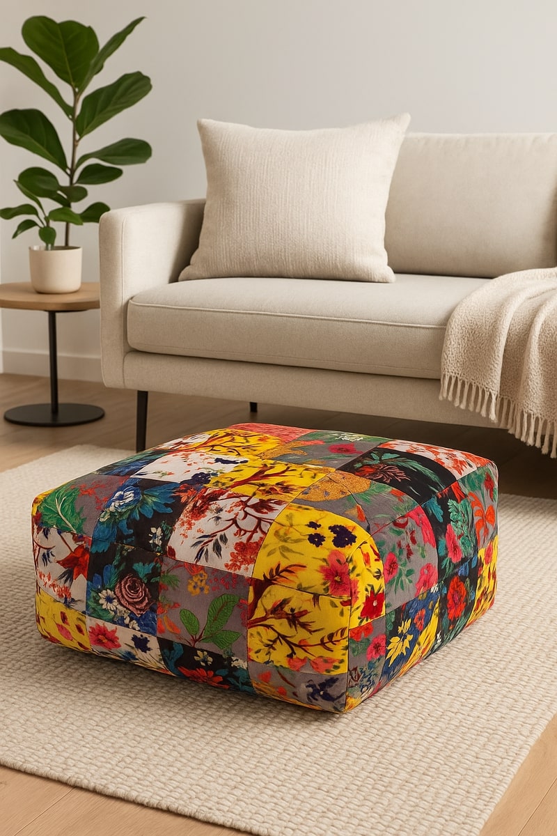 Handcrafted velvet ottoman footstool featuring vibrant patchwork design and square shape