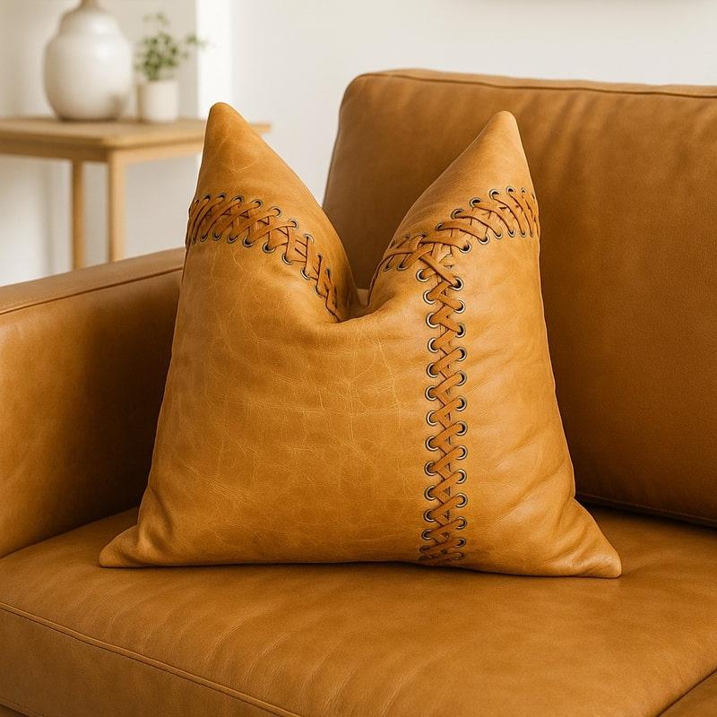 Tan leather cushion cover with decorative lacing detail on a matching leather sofa.