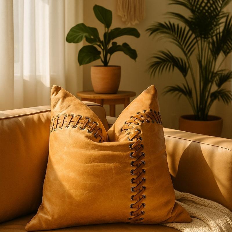 Tan leather cushion cover with decorative lacing details, resting on a beige leather sofa.