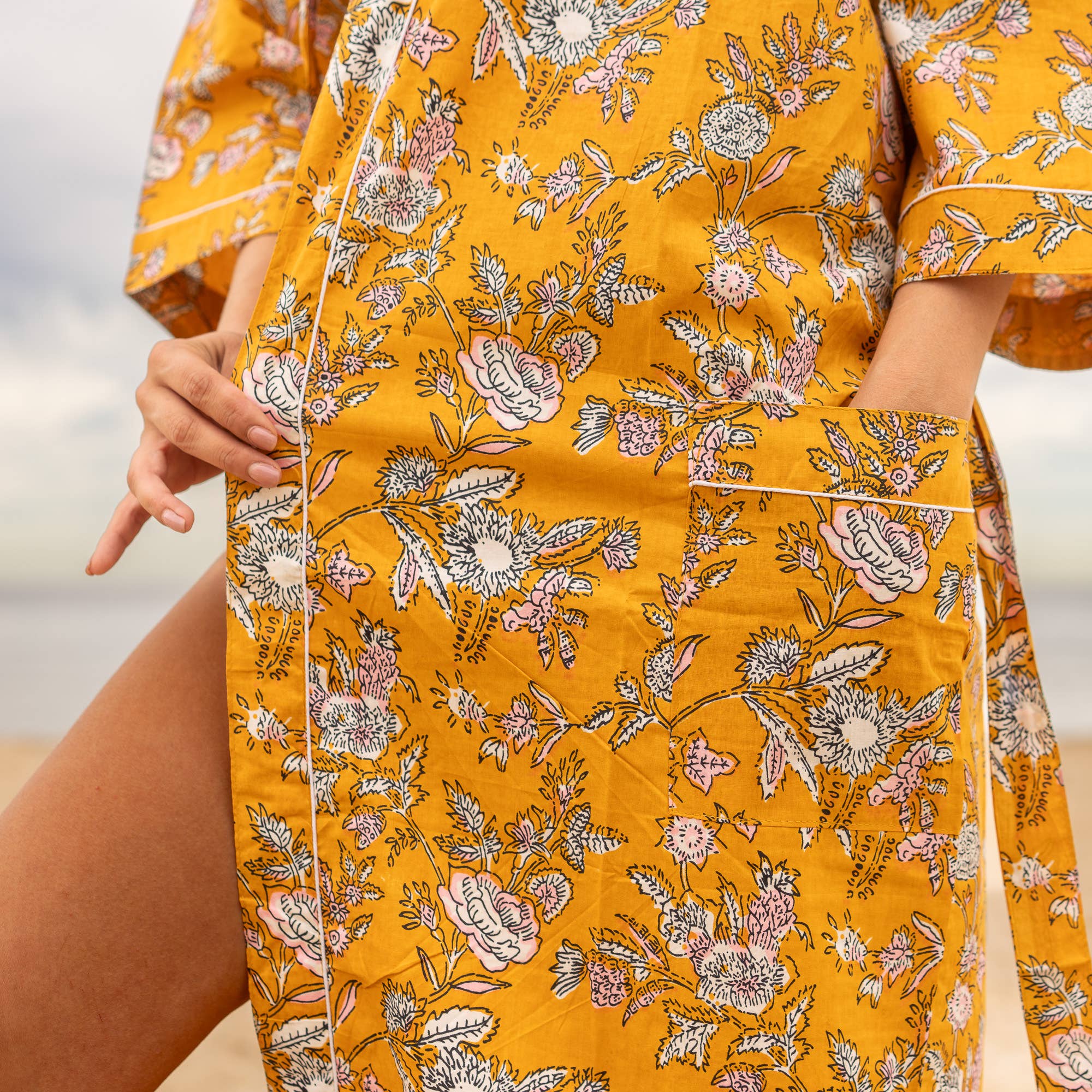 MUSTARD FLORAL' Women's Cotton Kimono Robe - Bold Design