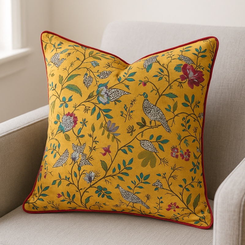 Yellow cotton cushion with a vibrant floral and bird pattern, accented with red piping.