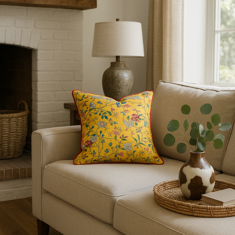 Yellow handmade cotton cushion with red piping and a colorful floral bird design on a beige sofa.