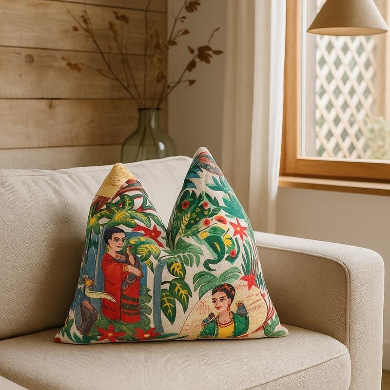 Vivid Frida Kahlo inspired velvet cushion cover with colorful bird of paradise and women design.