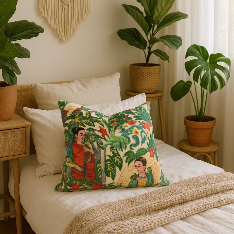 Vivid Frida Kahlo inspired velvet cushion cover with tropical bird of paradise design on a bed.