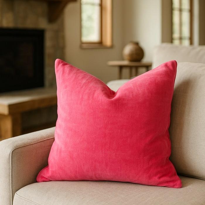 Luxurious pink cotton velvet cushion cover, 45x45cm, on a light sofa in a cozy living room.