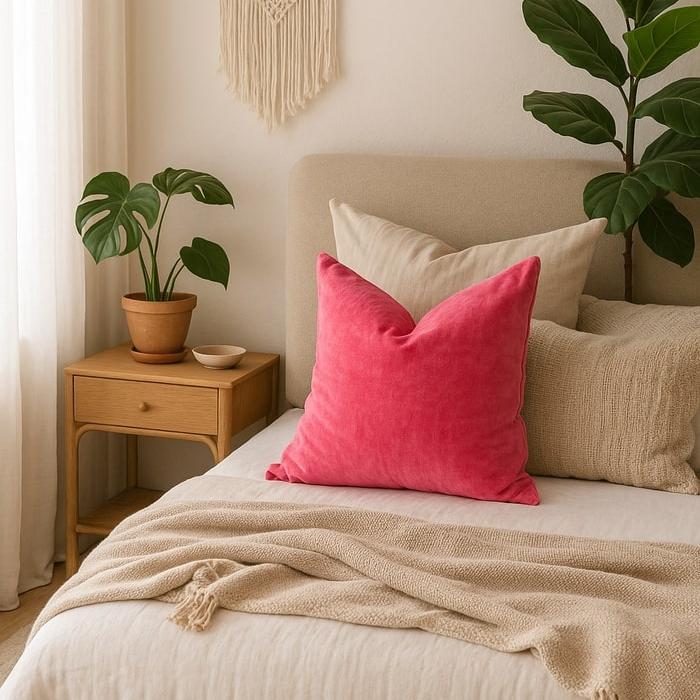 Vibrant pink cotton velvet cushion cover (45x45cm) on a bed with neutral bedding and plants.