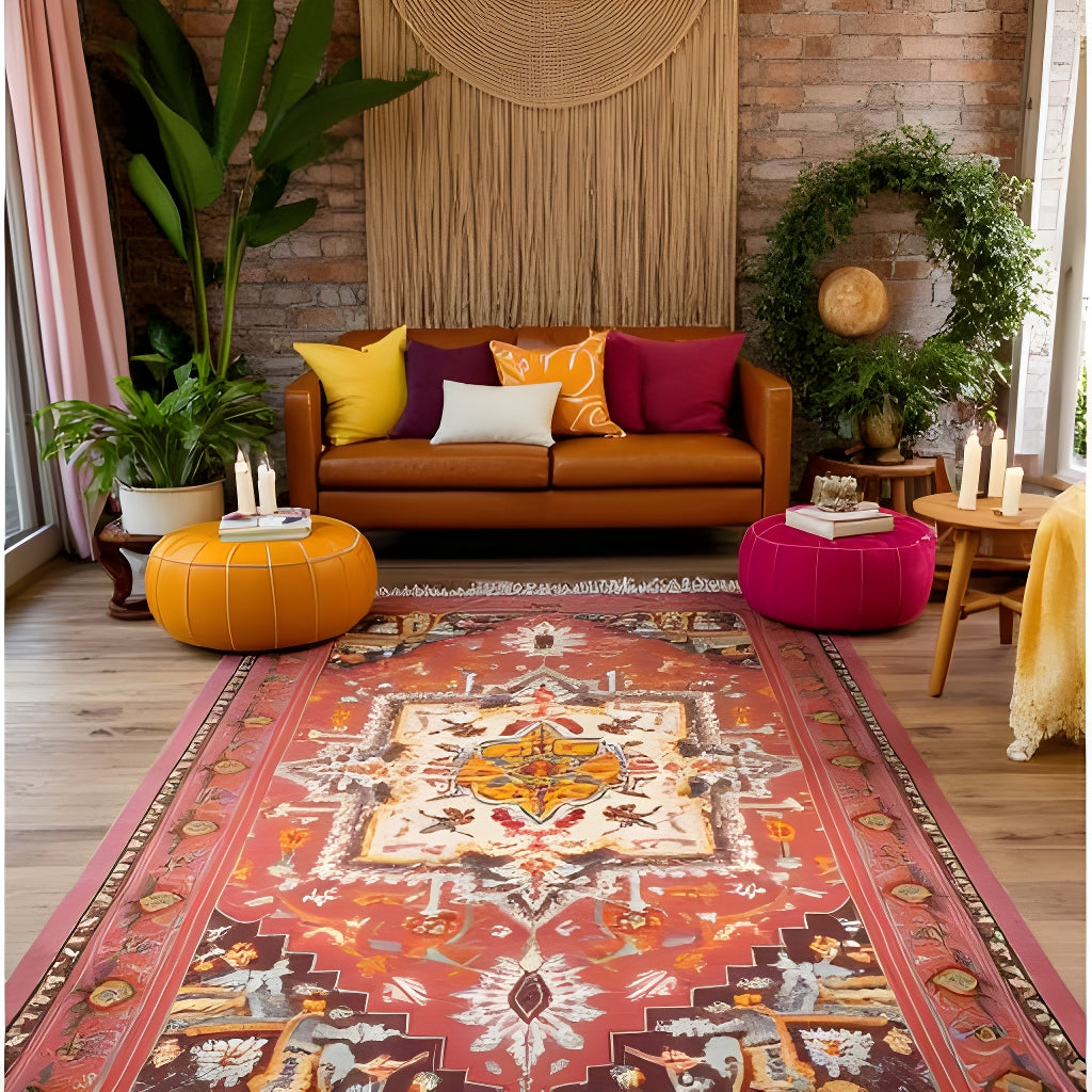 Bohemian Terracotta & Cream Medallion Area Rug - 120x180cm