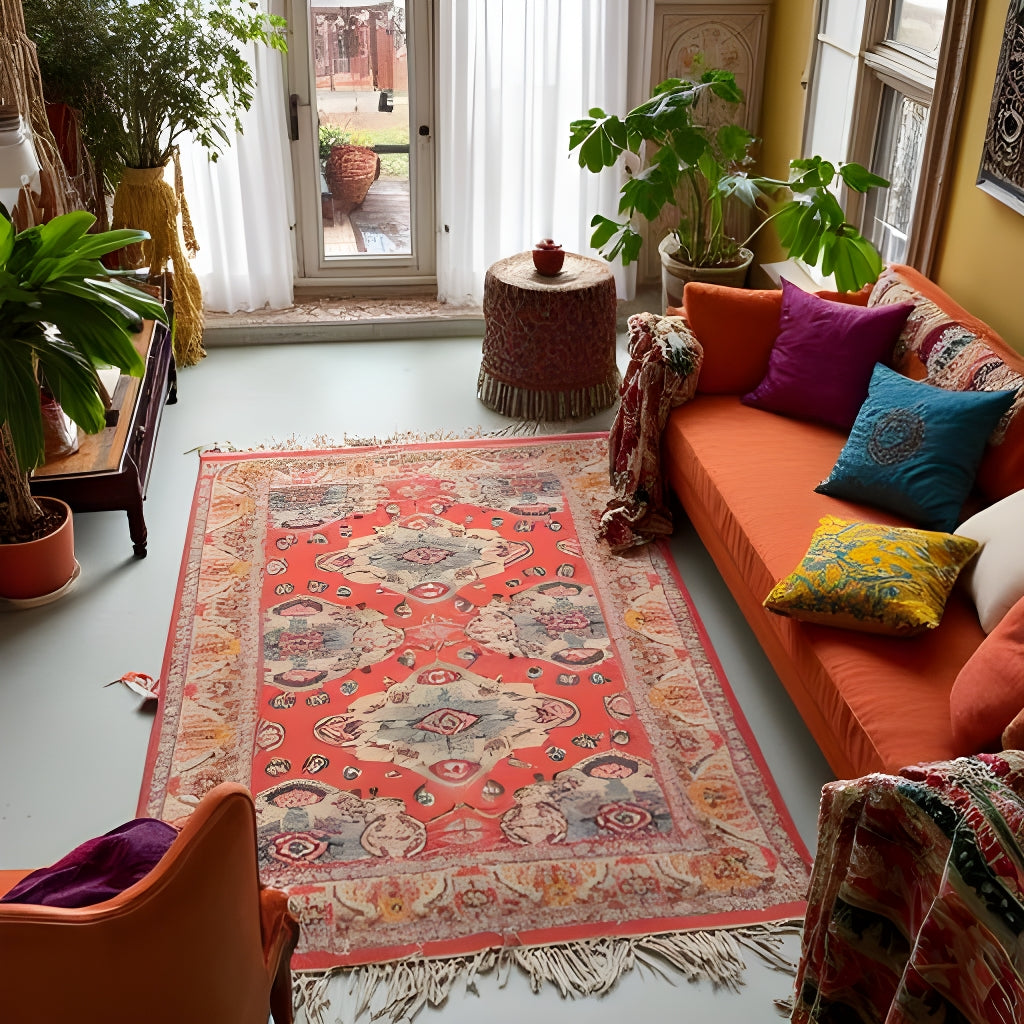 Boho Rug Vintage-Inspired Tribal Red Handwoven Accent