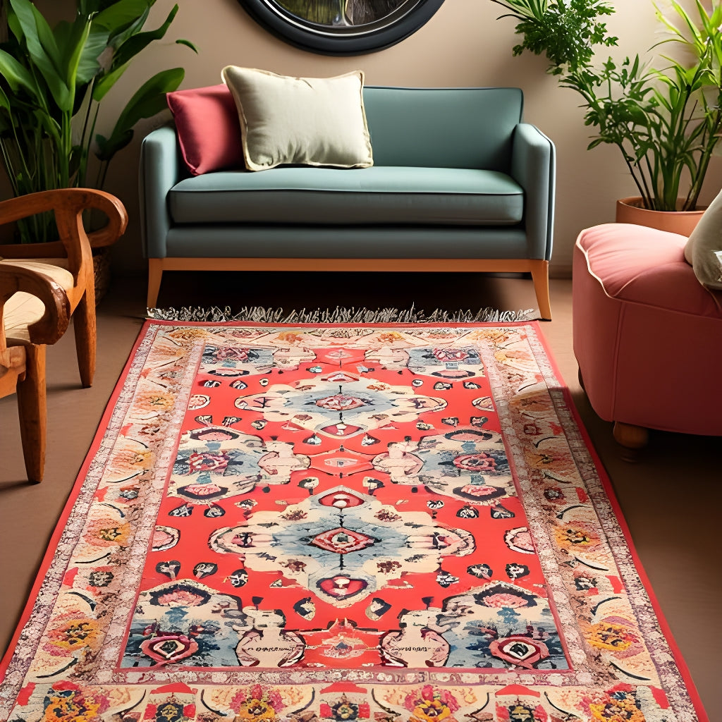 Boho Rug Vintage-Inspired Tribal Red Handwoven Accent