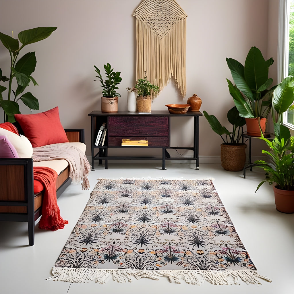 Boho Rug Botanical Bloom Flatweave Handwoven Cotton