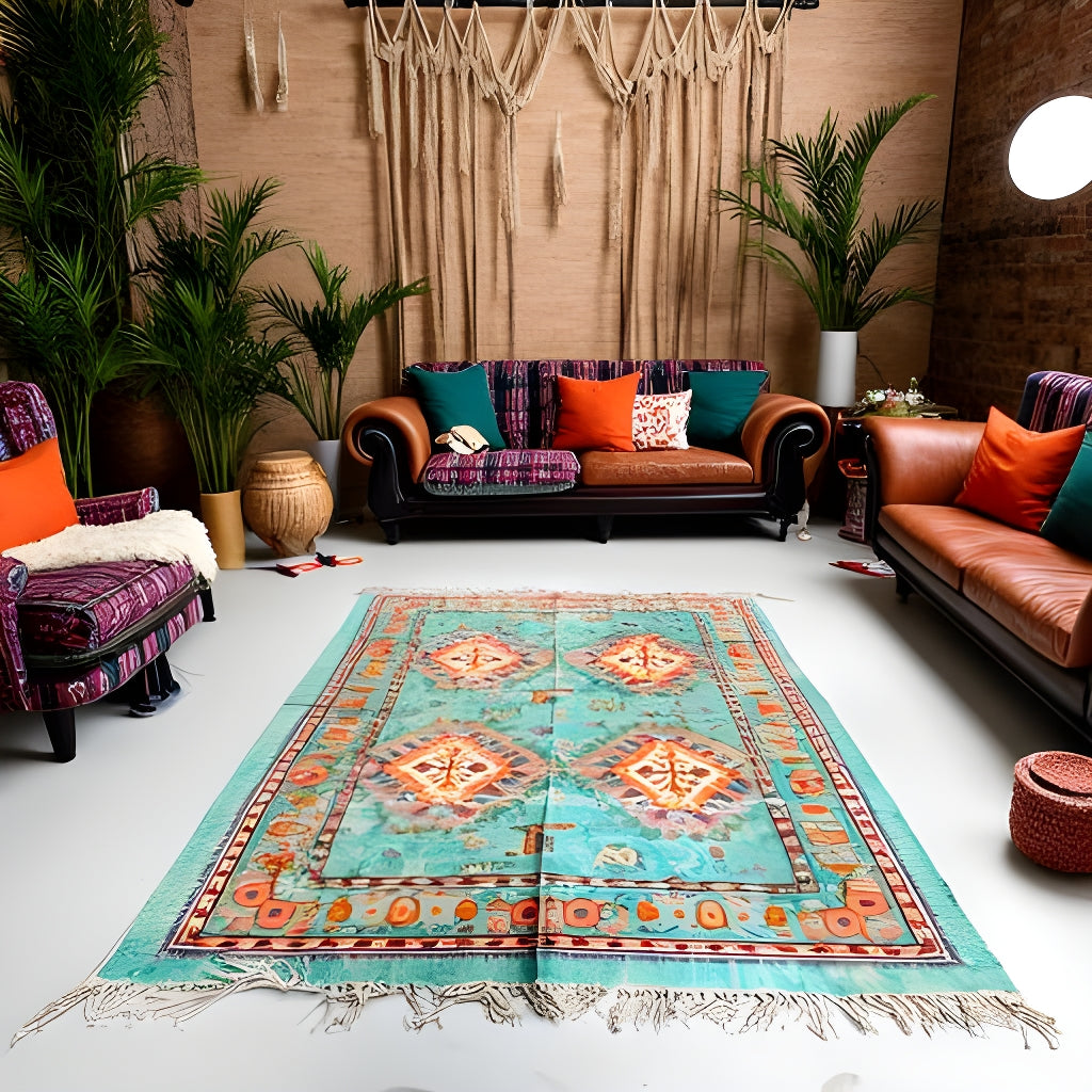 Bohemian Turquoise Rug - 120x180cm Handwoven Cotton Floor Rug