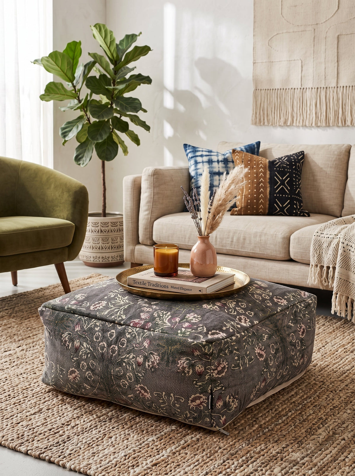 Moroccan boho charcoal floral ottoman footrest with cushion cover