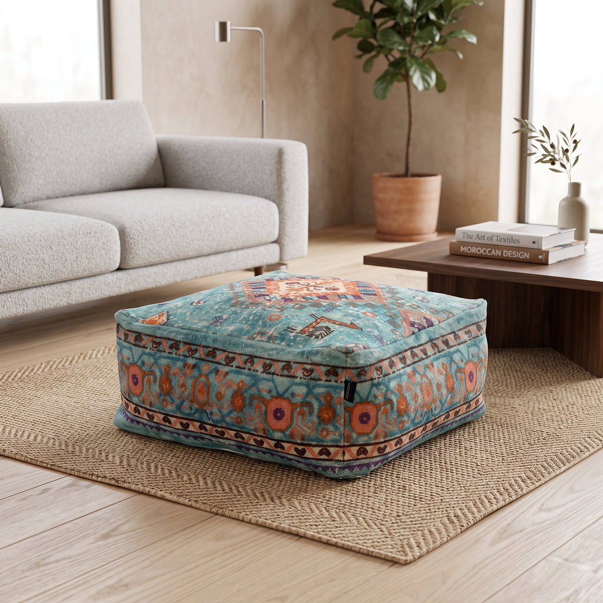 Teal linen floor pouf with hidden storage compartment