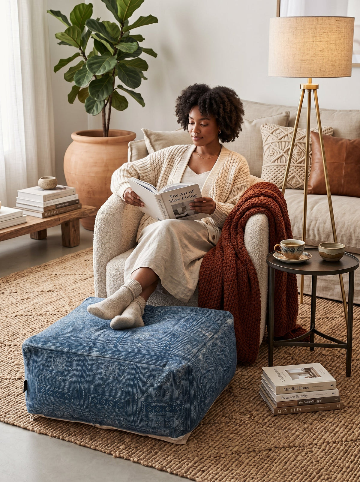 Handwoven blue floor pouf with geometric ottoman cushion design