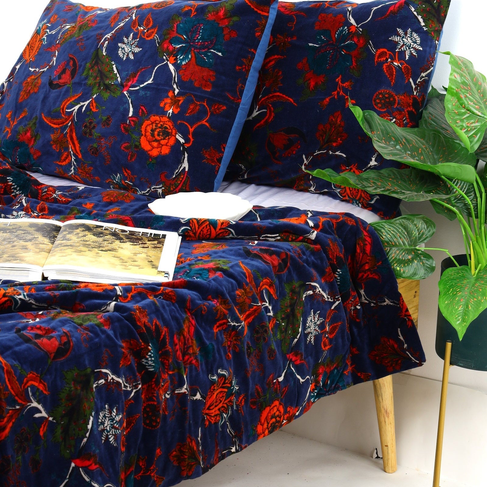 Navy Floral Velvet Kantha Quilt - Handmade Style