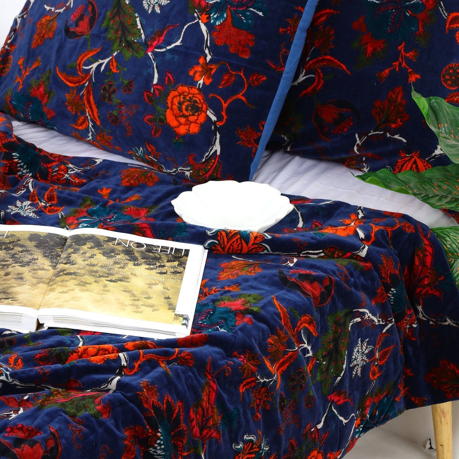 Navy Floral Velvet Kantha Quilt - Handmade Style