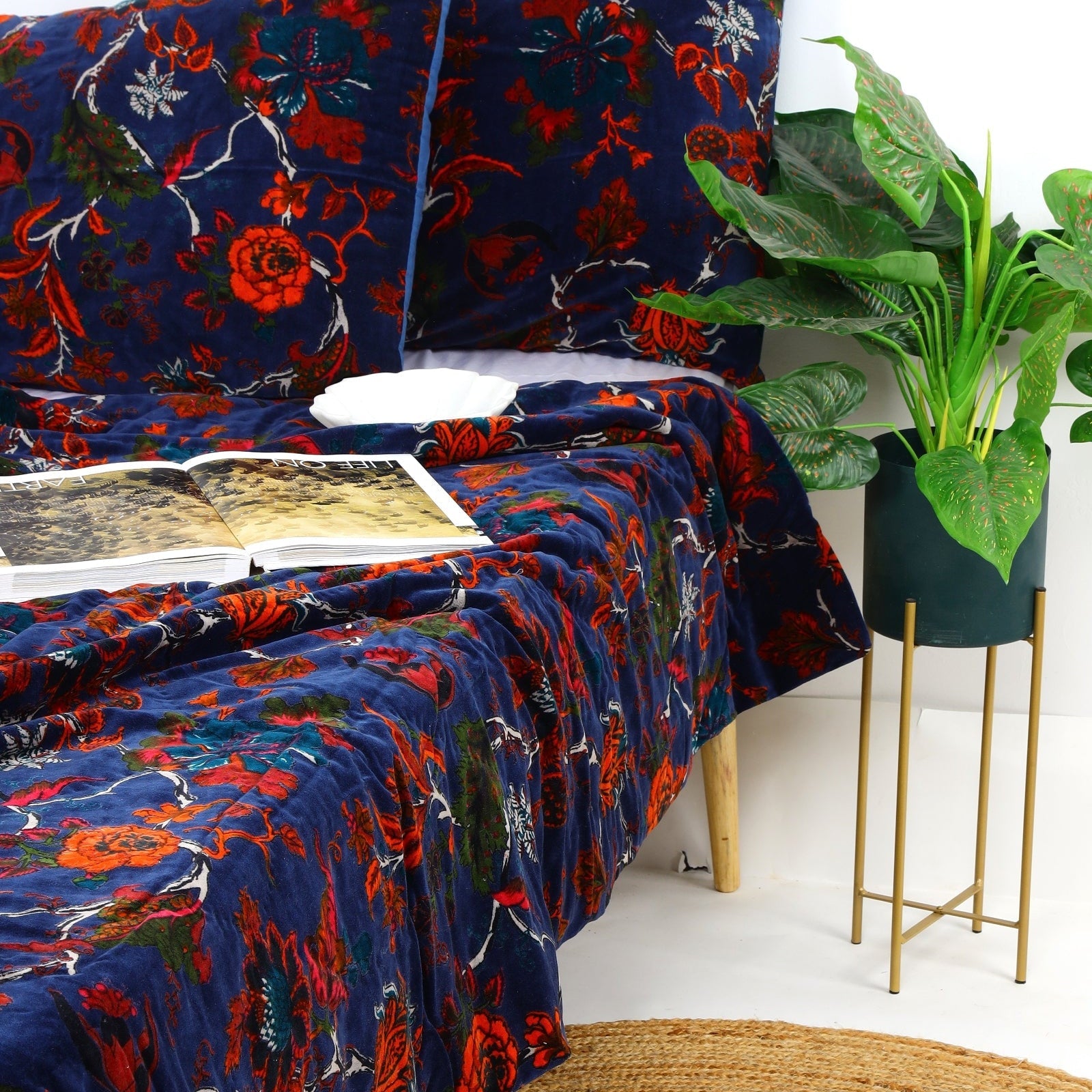 Navy Floral Velvet Kantha Quilt - Handmade Style