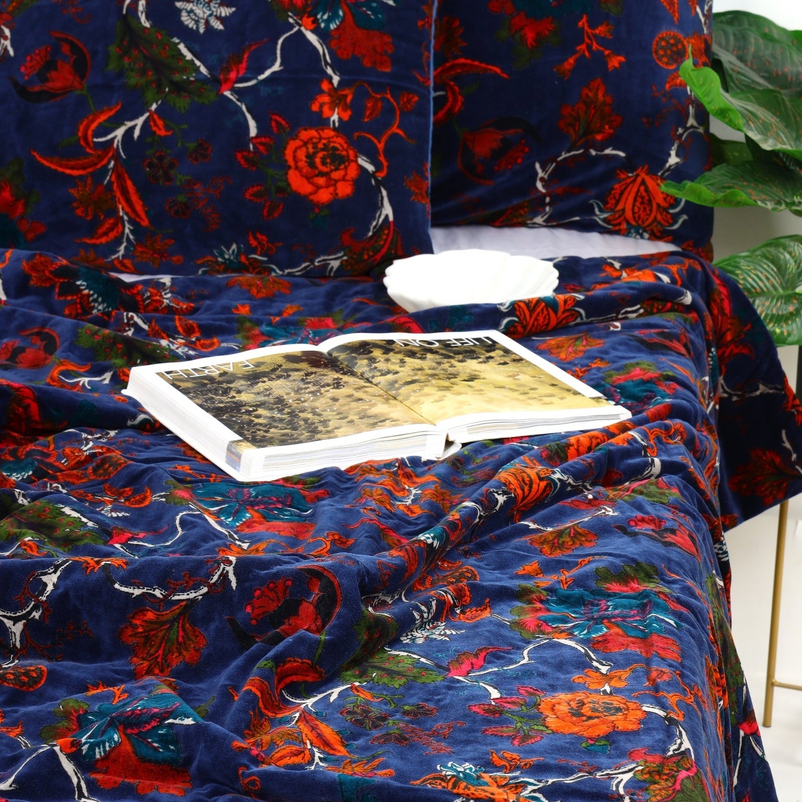 Navy Floral Velvet Kantha Quilt - Handmade Style