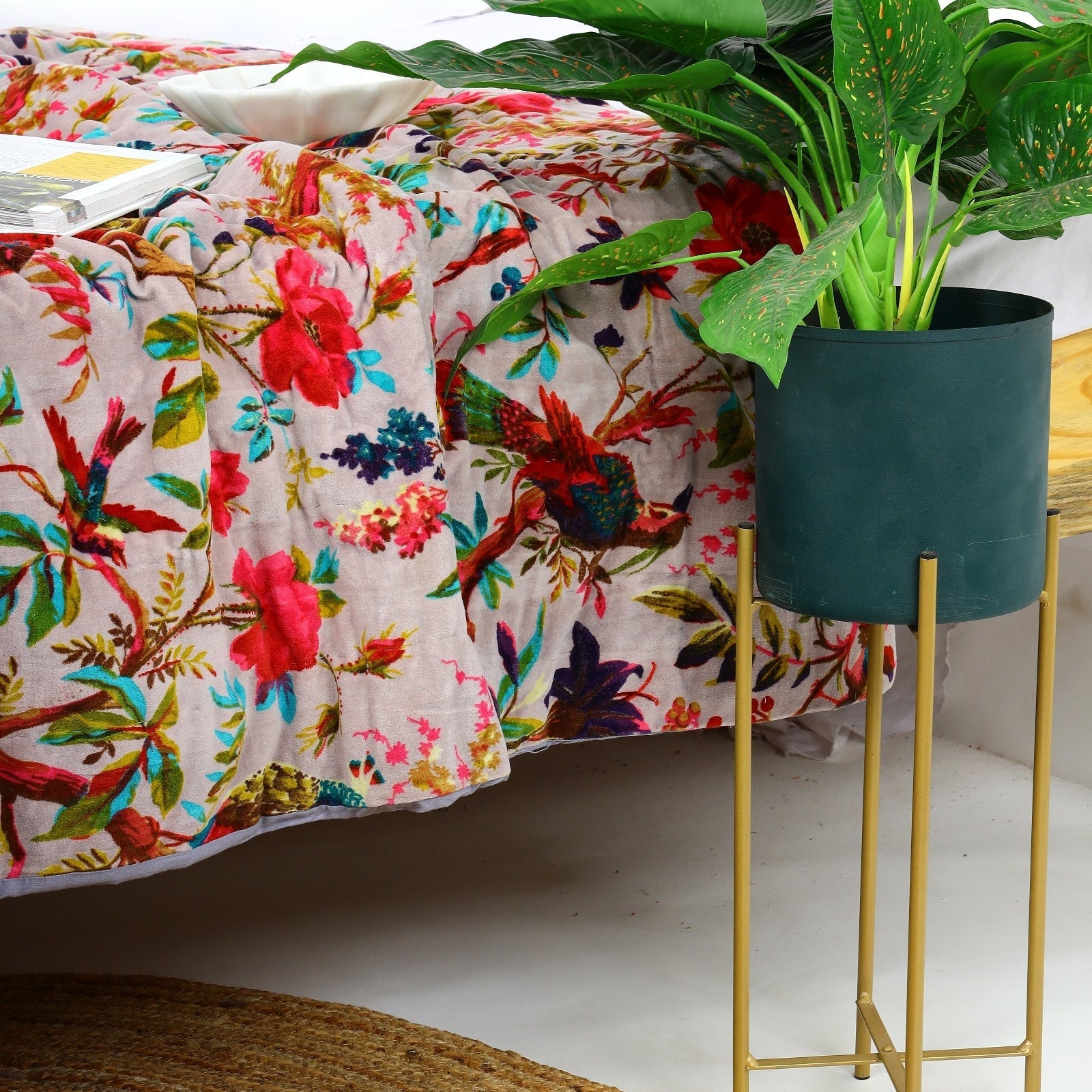 Grey Floral Velvet Kantha Quilt - Chic Throw