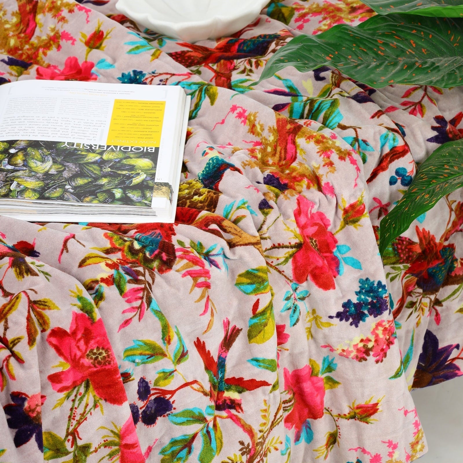 Grey Floral Velvet Kantha Quilt - Chic Throw