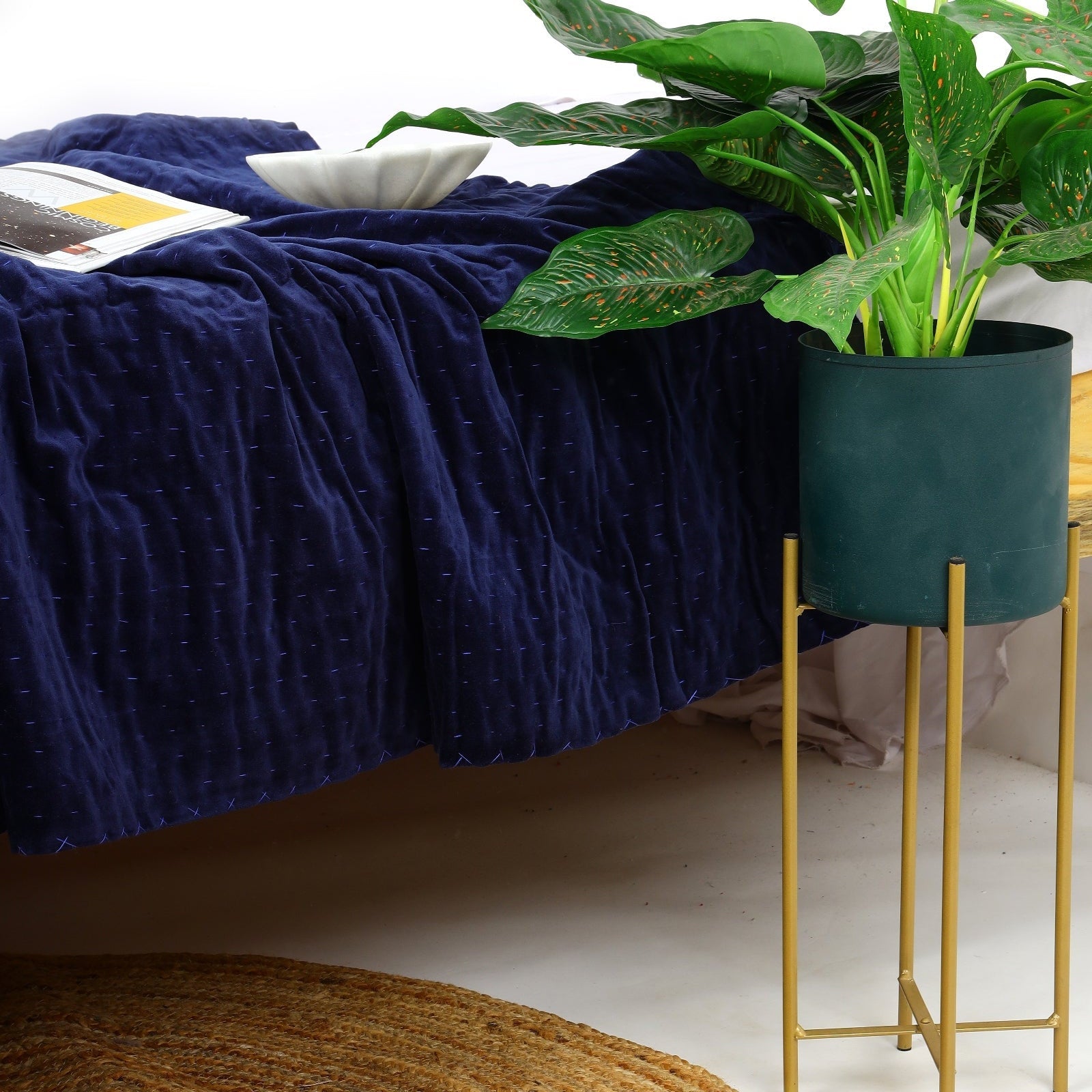 Velvet Kantha Quilt - Boho Block Print Bedspread - Navy Blue