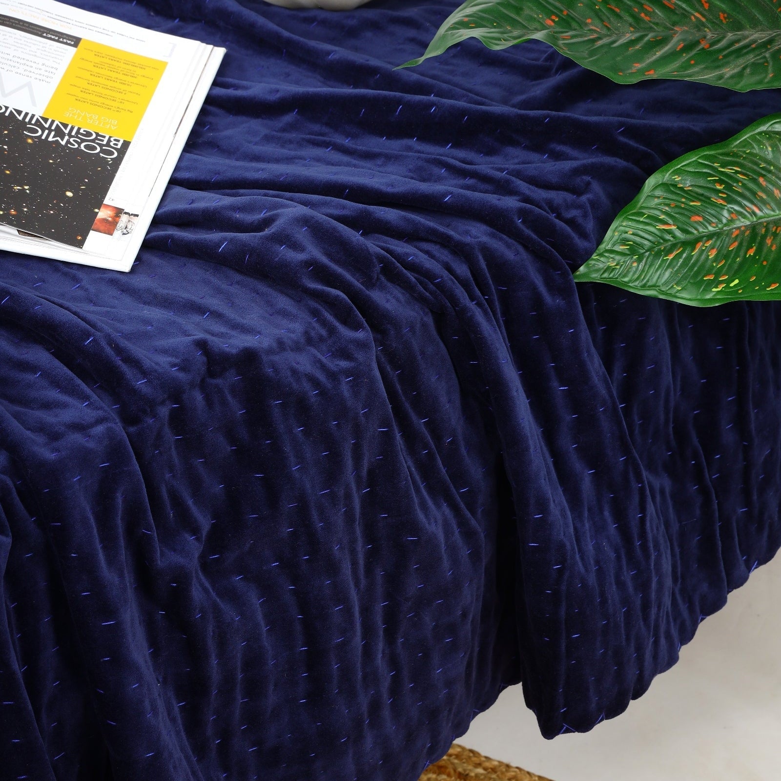 Velvet Kantha Quilt - Boho Block Print Bedspread - Navy Blue