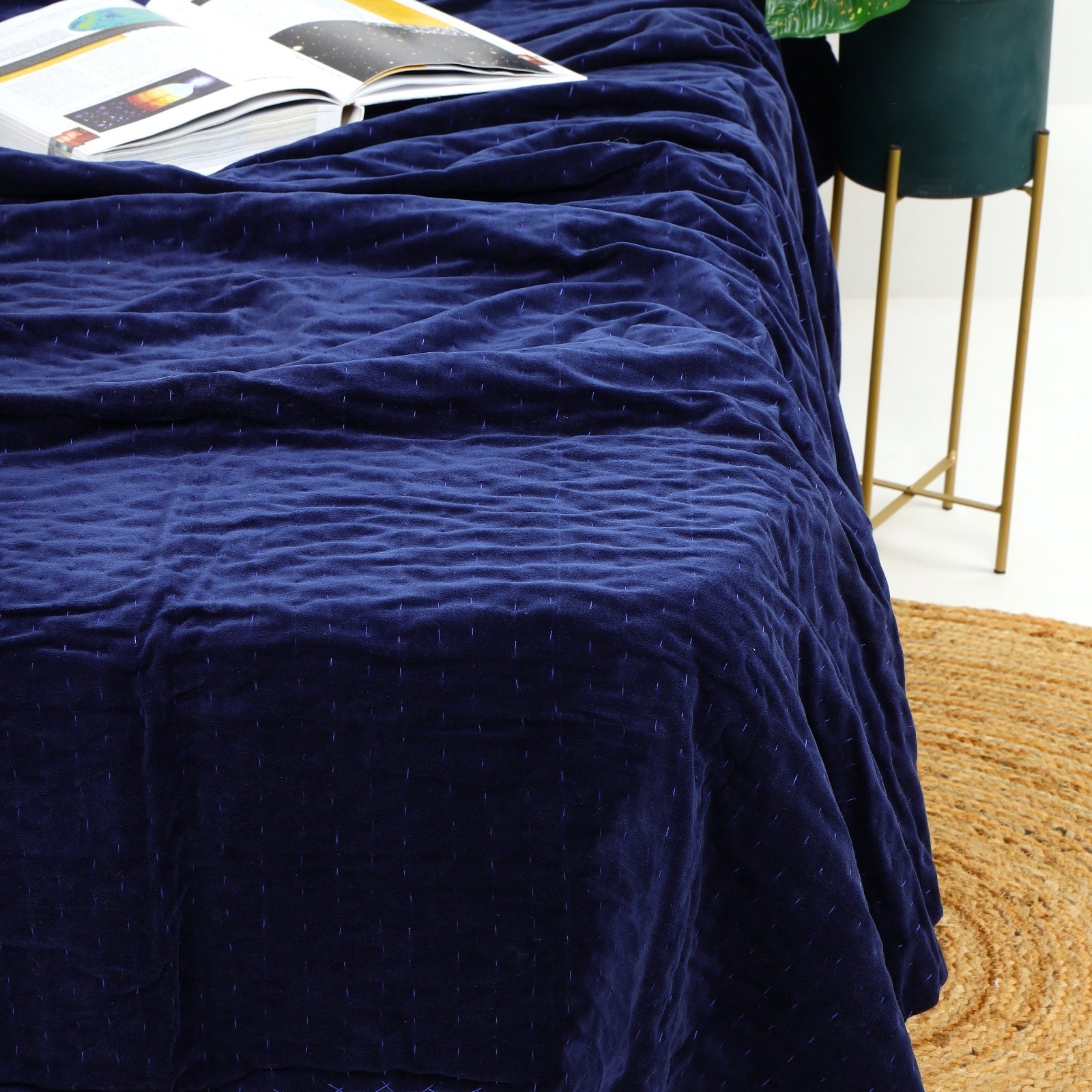 Velvet Kantha Quilt - Boho Block Print Bedspread - Navy Blue