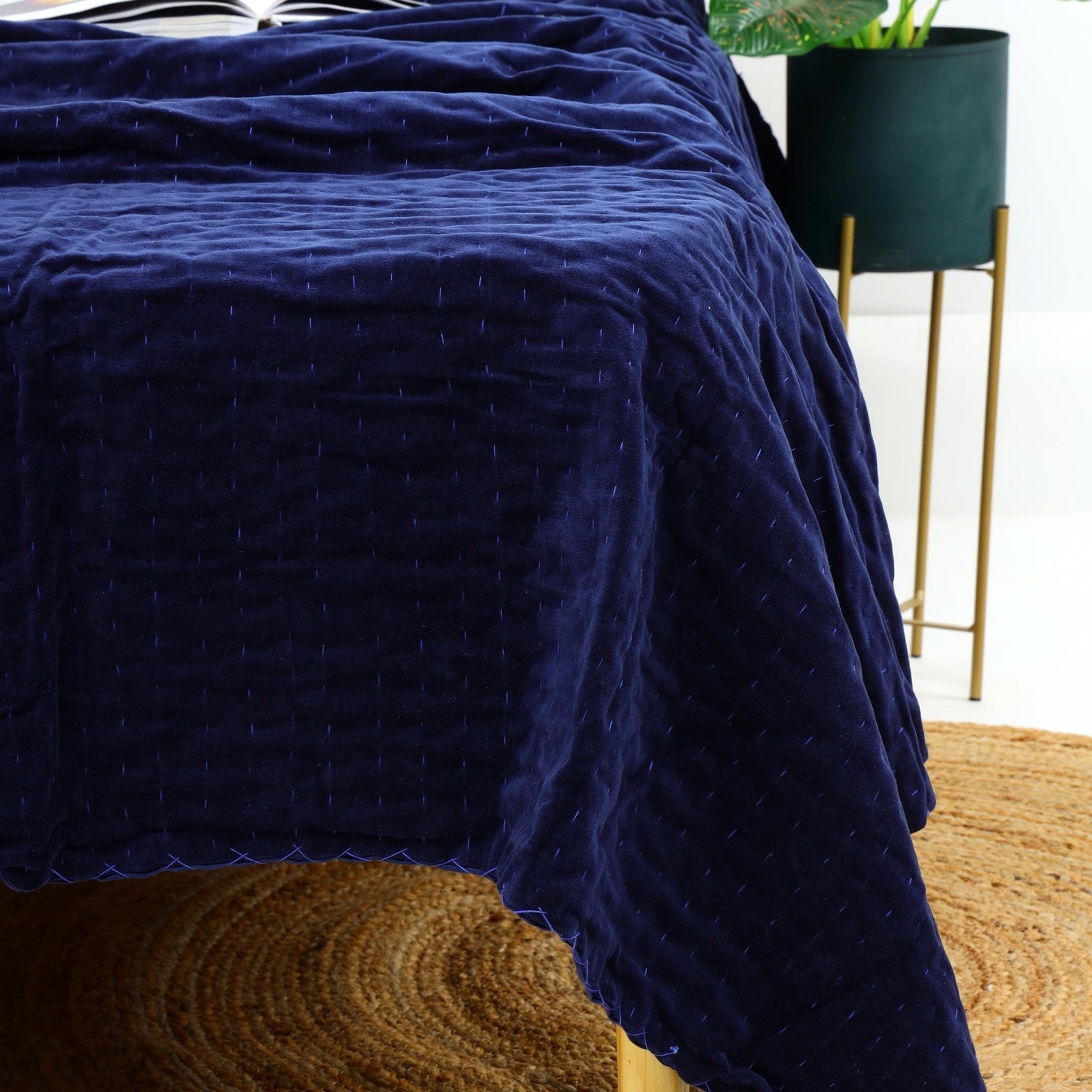 Velvet Kantha Quilt - Boho Block Print Bedspread - Navy Blue