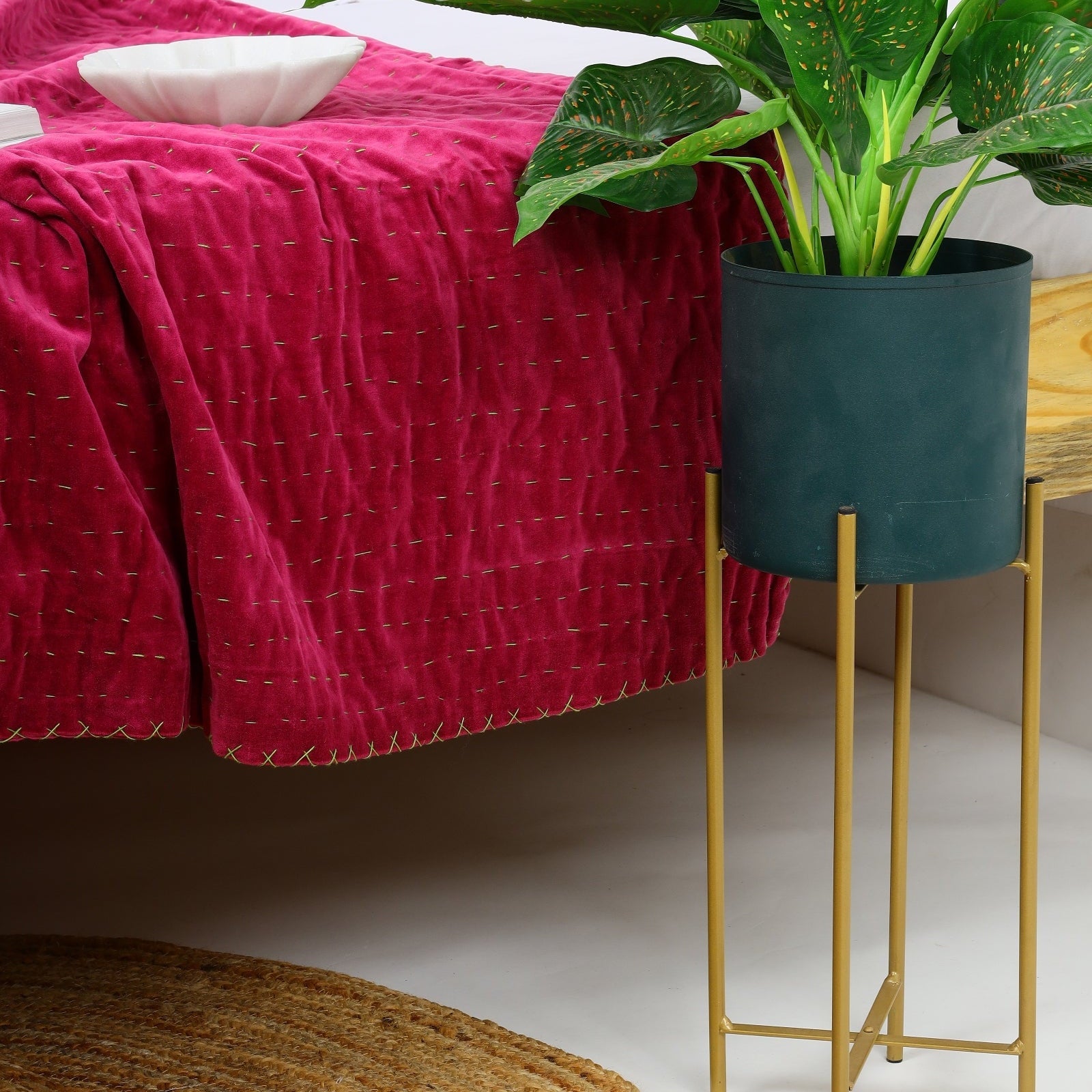 Velvet Kantha Quilt - Boho Block Print Bedspread - Pink