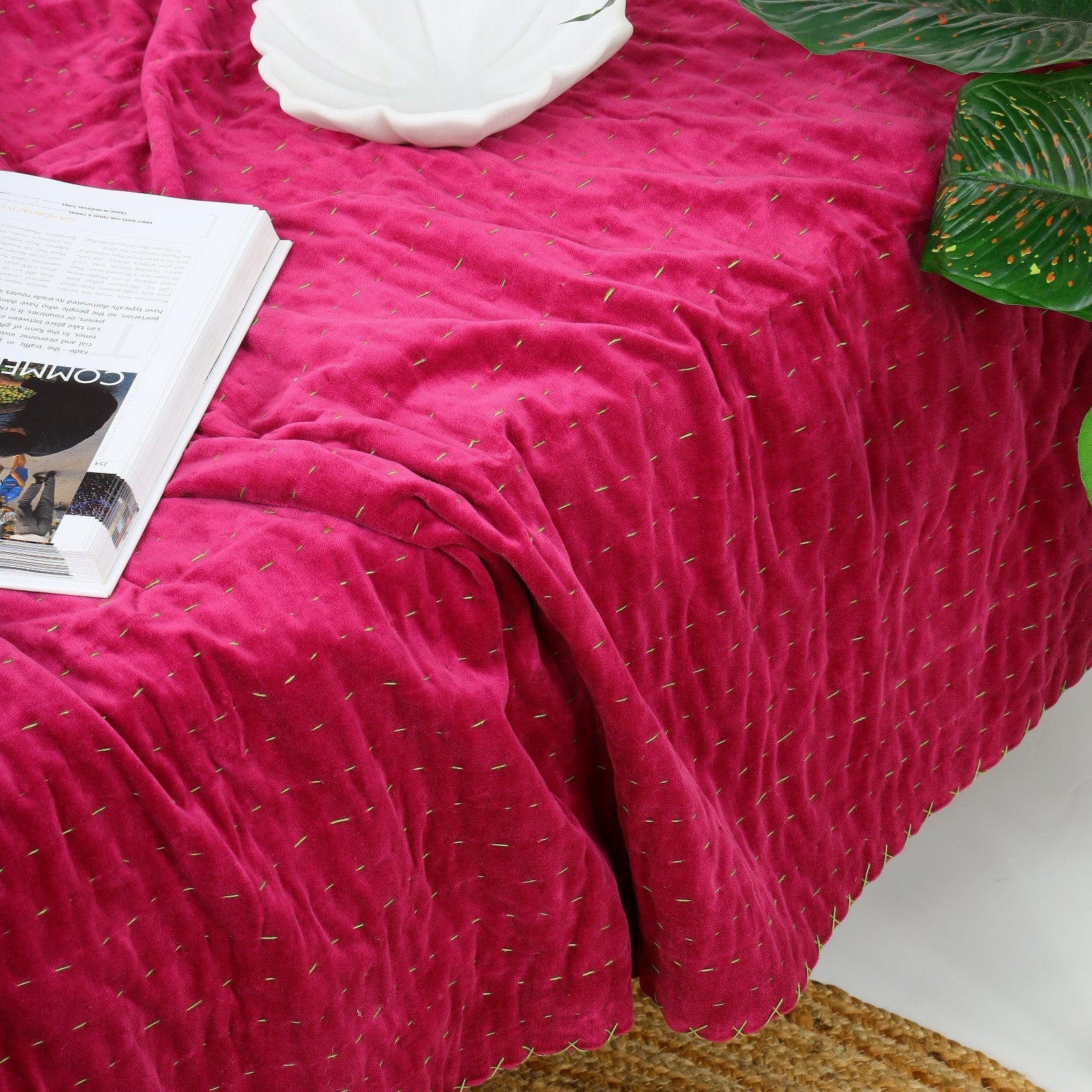 Velvet Kantha Quilt - Boho Block Print Bedspread - Pink