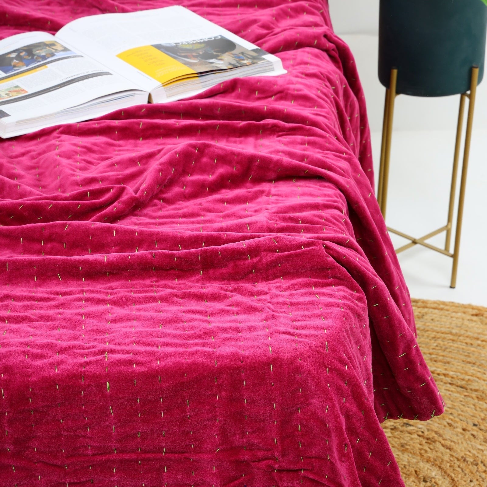 Velvet Kantha Quilt - Boho Block Print Bedspread - Pink