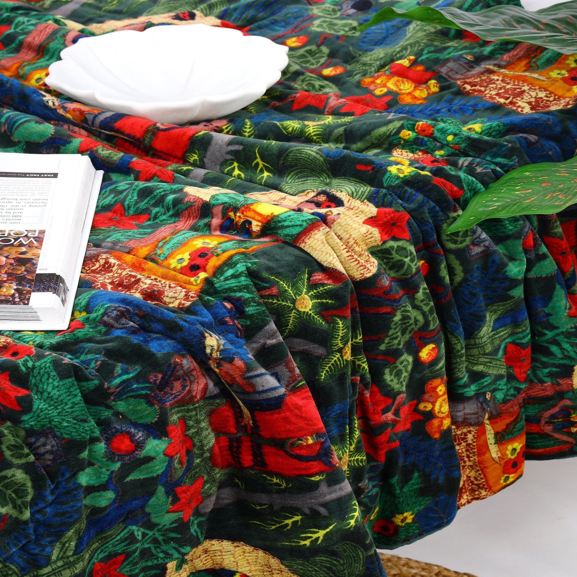 Tropical Green Velvet Kantha Quilt - Cosy Throw