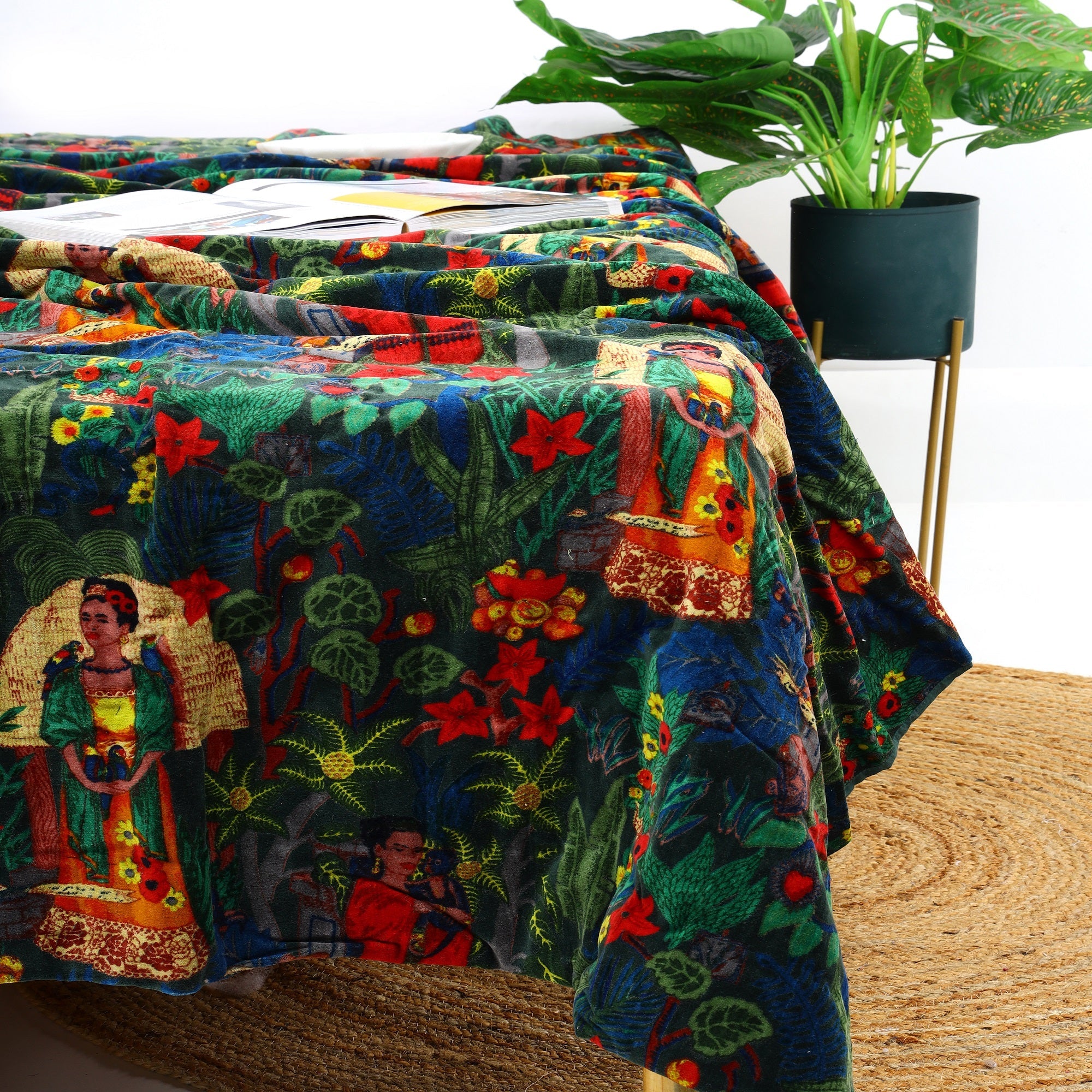 Tropical Green Velvet Kantha Quilt - Cosy Throw