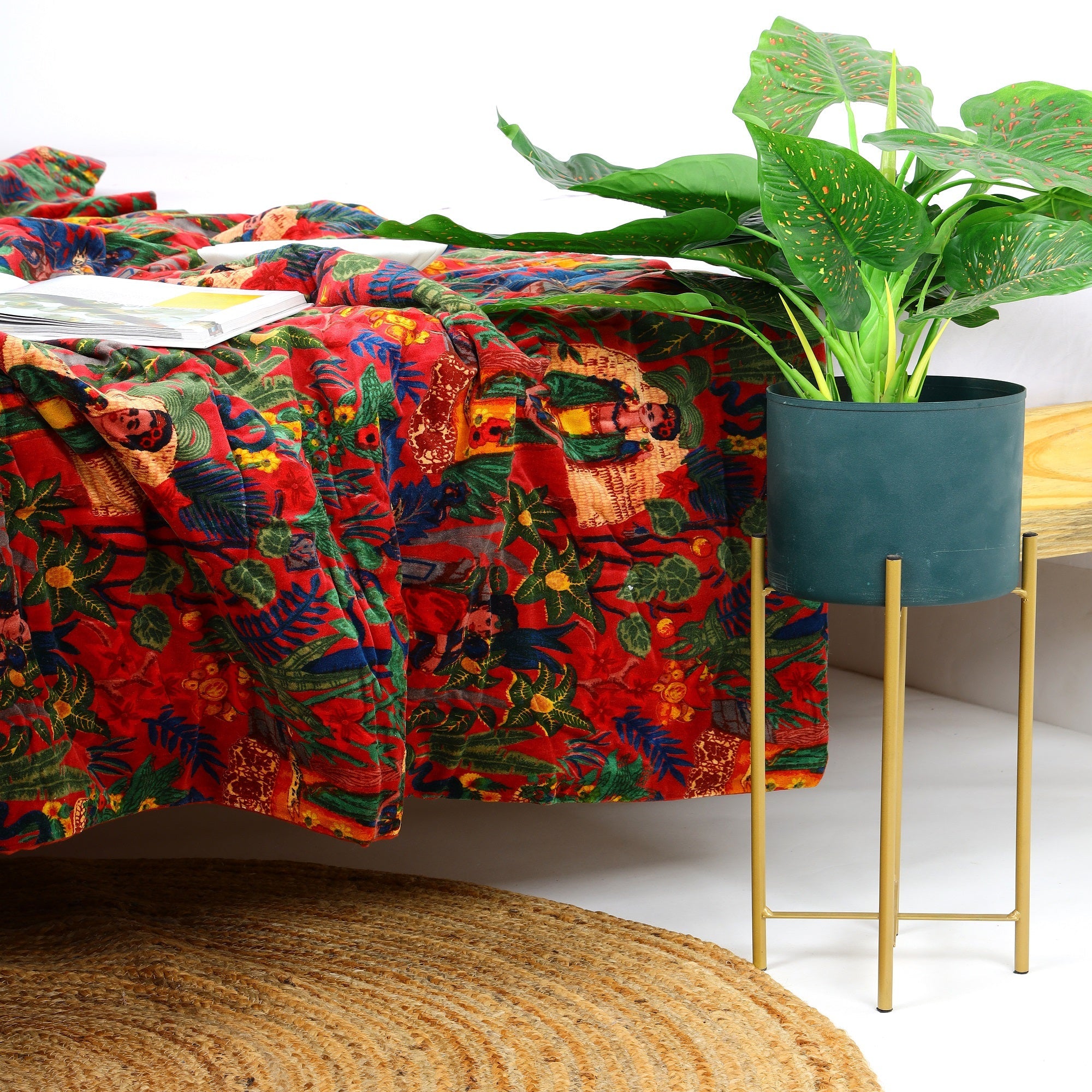 Floral Red Velvet Kantha Quilt - Boho Style