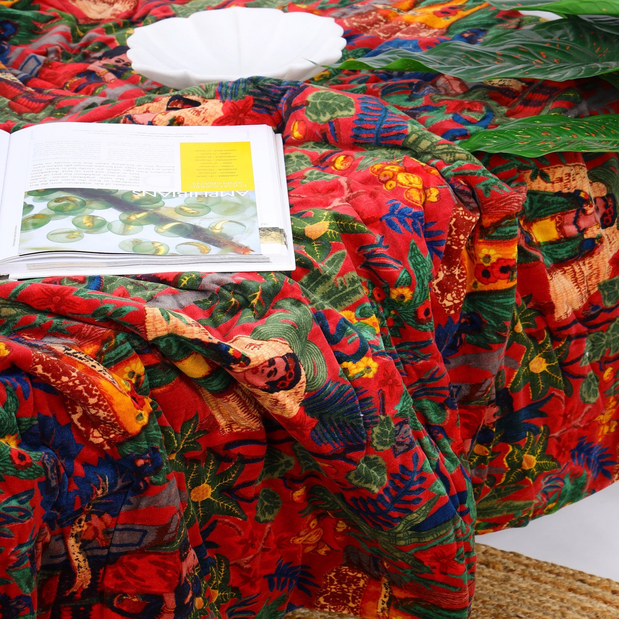 Floral Red Velvet Kantha Quilt - Boho Style