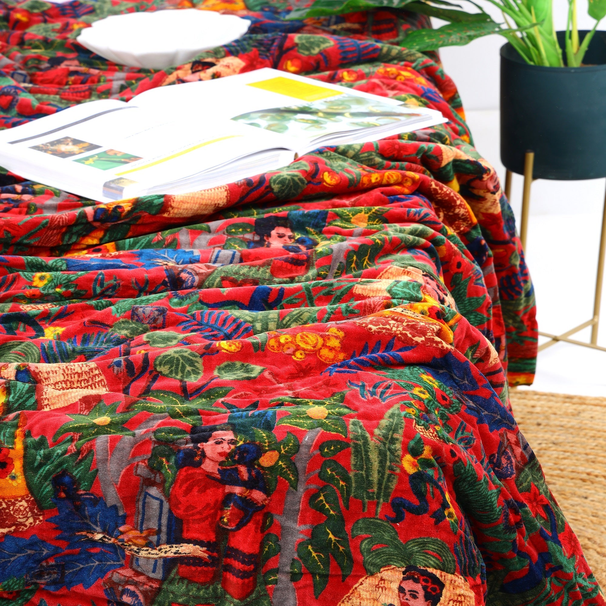 Floral Red Velvet Kantha Quilt - Boho Style