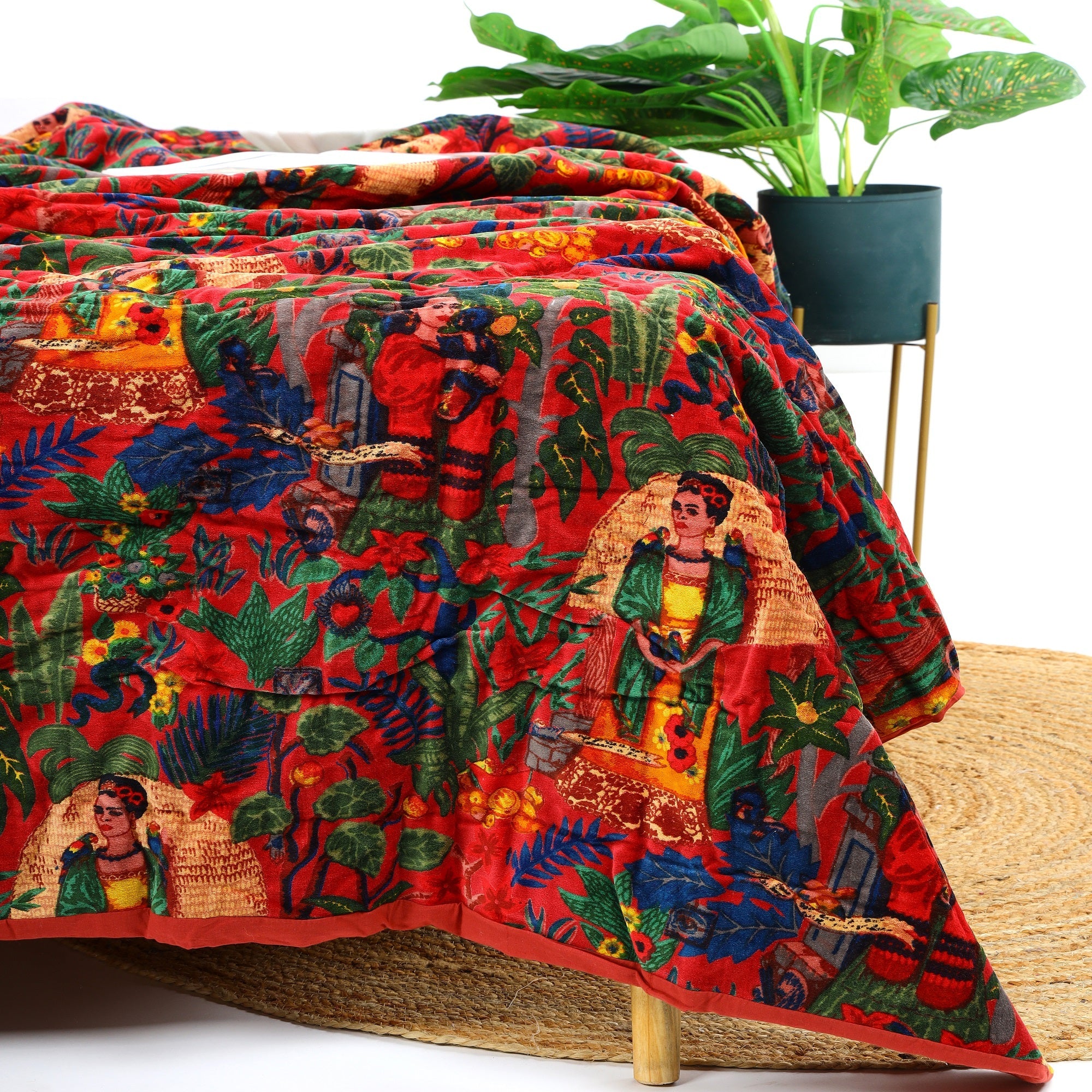 Floral Red Velvet Kantha Quilt - Boho Style