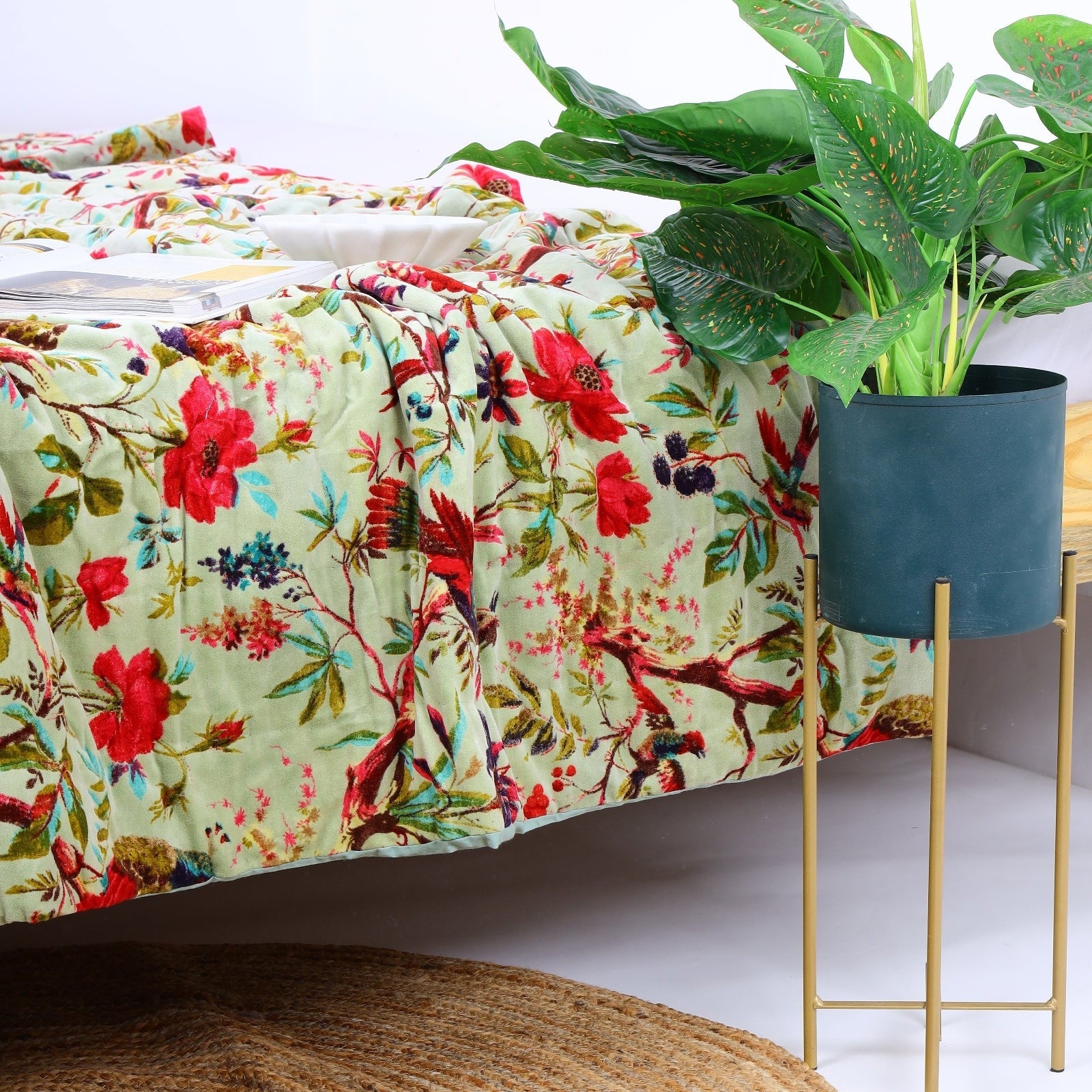 Sage Green Velvet Kantha Quilt - Luxe Duvet